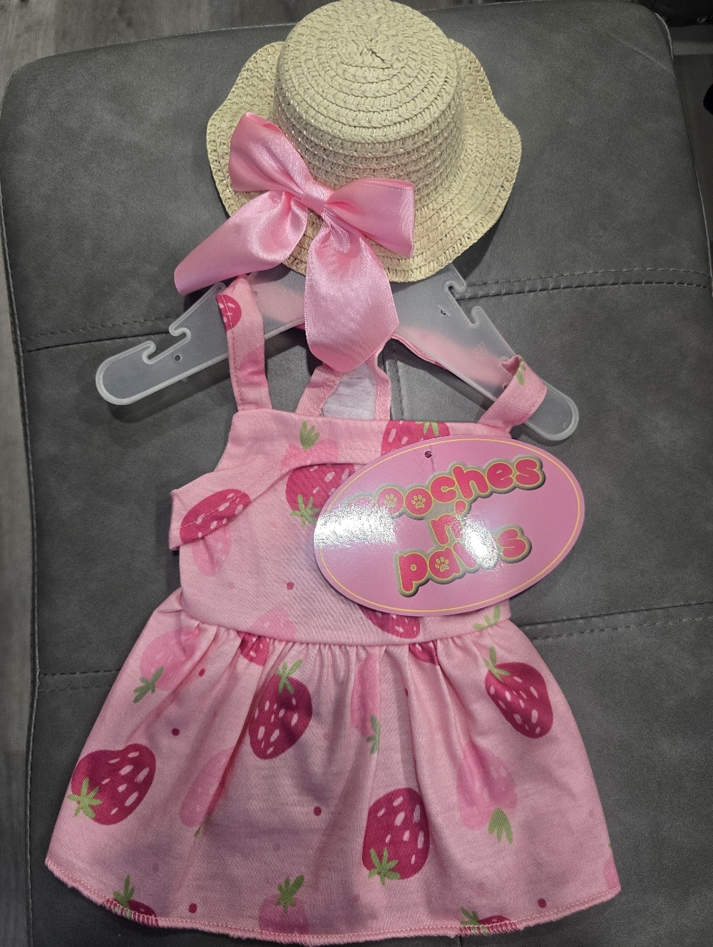 NEW puppy Pink Strawberry Print Dress with Straw Hat Size Small